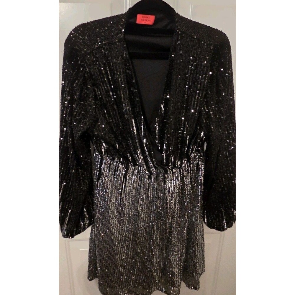 Red Dot Boutique black and silver sequin long sleeve mini dress - Size XL